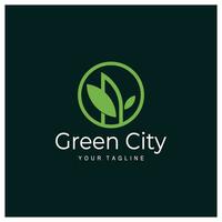 Grün und gesund modern Stadt mit Blatt Logo Design zum Geschäft, Eigentum, Gebäude, Öko Stadt, Zukunft Stadt, Architekt, ökologisch freundlich vektor
