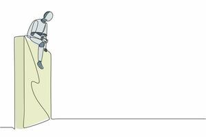 enda kontinuerlig linjeteckning robot ledsen sitter på väggen tänker på vinstförlust, kris. robotisk artificiell intelligens. elektronisk teknik. en rad grafisk design vektorillustration vektor
