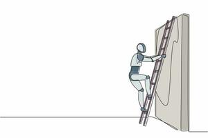 Ein Roboter mit durchgehender Strichzeichnung klettert mit einer Leiter die Wand hinauf. Business-Hindernis-Metapher. robotische künstliche Intelligenz. Elektronische Technologie. einzeilige Grafikdesign-Vektorillustration vektor