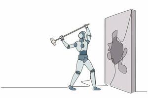 Ein einzelner Strichzeichnungsroboter bricht und schlägt mit einem Hammer auf die Wand. Leistungsweg zum Erfolg. Zukunfts-Technologie. Künstliche Intelligenz, maschinelles Lernen. durchgehende Liniendesign-Vektorillustration vektor
