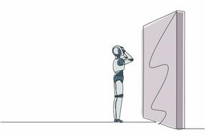 Ein einziger Strichzeichnungsroboter, der vor riesigen Mauerbarrieren steht und verwirrt ist. Zukunfts-Technologie. maschinelles lernen mit künstlicher intelligenz. ununterbrochene Linie zeichnen Design-Vektor-Illustration vektor