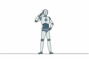 kontinuerlig en rad ritning smart robot pekar på huvudet, tänker något. känner sig optimistisk, visionär om framtiden. humanoid robot cybernetisk organism. enda linje design vektor illustration