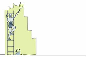 einzelne durchgehende Strichzeichnung Robotermaler, der auf der Treppe steht, malt Wand mit Farbroller. robotische künstliche Intelligenz. Elektronische Technologie. einzeilige Grafikdesign-Vektorillustration vektor