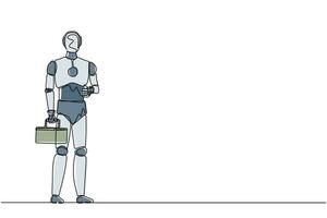 enda ett linje teckning robot rörmokare stående och innehav rycka och verktyg låda i hand. framtida teknologi. artificiell intelligens maskin inlärning. kontinuerlig linje dra design vektor illustration