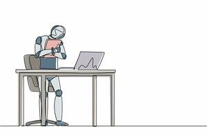kontinuierliche einzeilige zeichnung roboter, der laptop im büro steht und umarmt. humanoider Roboter kybernetischer Organismus. zukünftiges Robotik-Entwicklungskonzept. einzeiliges zeichnen design vektorgrafik illustration vektor