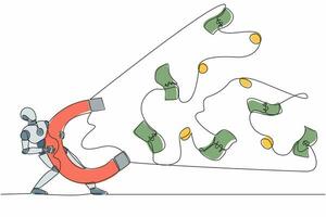 en rad ritningsrobot som använder stor magnet för att locka pengar. framtida teknikutveckling. artificiell intelligens och maskininlärning. kontinuerlig linje rita design grafisk vektorillustration vektor