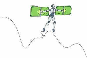 enda en rad ritning robot flyger på pengar vingar. finansiell frihet. framtida teknikutveckling. artificiell intelligens och maskininlärning. kontinuerlig linje design grafisk vektorillustration vektor