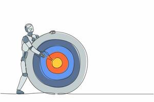 enkel en rad ritning robot som håller bågskytten mål eller darttavla och pekar på bullseye. framtida teknik. artificiell intelligens och maskininlärning. kontinuerlig linje design vektor illustration