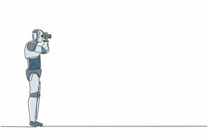 Ein einzelner Strichzeichnungsroboter sucht Möglichkeiten mit einem Fernglas in der Hand. zukünftige Technologieentwicklung. maschinelles lernen mit künstlicher intelligenz. ununterbrochene Linie zeichnen Design-Vektor-Illustration vektor