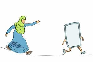 einzelne durchgehende strichzeichnung arabische geschäftsfrau läuft auf der jagd nach smartphone. mitarbeiter, der handy für kommunikationstechnologie im digitalen zeitalter verwendet. Nachricht senden. eine Linie zeichnen Design-Vektor-Illustration vektor