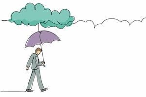 enda kontinuerlig linje ritning affärsman gå med paraply under regn moln. depression, förbipasserande vid regnväder. dränkt man, vatten häller från himlen. en rad grafisk design vektorillustration vektor