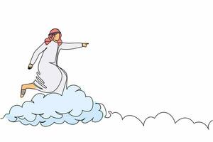 enda en rad ritning arabisk affärsman rider moln på himlen, pekar framåt, gå till framtida improvisation. chef på molnvägen till framgång. kontinuerlig linje rita design grafisk vektorillustration vektor