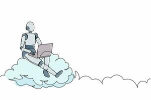 kontinuierlicher einzeiliger roboter, der auf einer wolke am himmel sitzt und mit einem laptop arbeitet. drahtlose Internetverbindung. humanoider Roboter kybernetischer Organismus. einzeiliges zeichnen design vektorgrafik illustration vektor