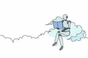 Ein Strichzeichnungsroboter, der auf einem Wolkenlesebuch sitzt. Literatur studieren. zukünftige Technologieentwicklung. maschinelles lernen mit künstlicher intelligenz. ununterbrochene Linie zeichnen Design-Vektor-Illustration vektor