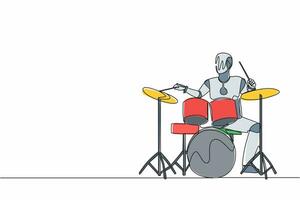 Ein Strichzeichnungsroboter, der beim Musik-Pop-Konzert Schlagzeug spielt. zukünftige Technologieentwicklung. künstliche Intelligenz und maschinelles Lernen. ununterbrochene Linie zeichnen Design-Vektor-Illustration vektor