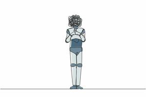 en rad ritningsrobot med runda klotter istället för huvud, stående med korsande fingrar som bildar x. förbjudna. säger nej. humanoid robot cybernetisk. kontinuerlig linje rita design vektorillustration vektor