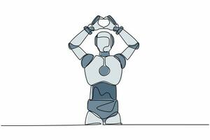 enda ett linje teckning robot stående med framställning kärlek tecken eller hjärta symbol med fingrar över huvud. teknologi utveckling. artificiell intelligens. kontinuerlig linje design grafisk vektor illustration