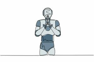 Ein Roboter mit durchgehender Strichzeichnung steht mit haltenden Handflächen im Gebet. Roboteremotion, Geste der Körpersprache. moderne robotische künstliche Intelligenz. einzeilige Grafikdesign-Vektorillustration vektor