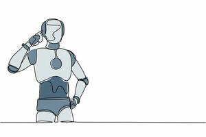 enda ett linje teckning robot stående med pekande hans huvud, tänkande något. känsla optimistisk, visionär. framtida teknologi utveckling. kontinuerlig linje dra design grafisk vektor illustration