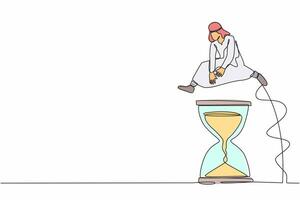 enda ett linje teckning arab affärsman hoppa över eller godkänd timglas. arbetssätt kultur med tid schema. företag projekt deadline effektivitet. kontinuerlig linje design grafisk vektor illustration
