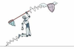 kontinuerlig ett linje teckning robot Prova till fångst flygande skydda med fjäril netto. dyr säkerhet för tech skydd. humanoid cybernetiska organism. enda linje grafisk design vektor illustration