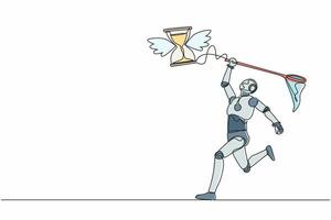 kontinuierliche einzeilige zeichnung roboter versuchen, fliegende sanduhr mit schmetterlingsnetz zu fangen. Stress, Fristen, Arbeitsdepression. humanoider kybernetischer Organismus. einzeiliges zeichnen design vektorillustration vektor