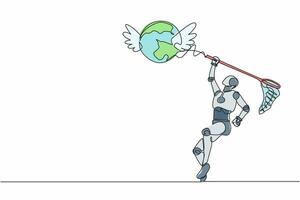 Ein einzelner Strichzeichnungsroboter versucht, den fliegenden Globus mit einem Schmetterlingsnetz zu fangen. geschäftsreise und reisen mit technologie. zukünftige Technologieentwicklung. ununterbrochene Linie zeichnen Design-Vektor-Illustration vektor
