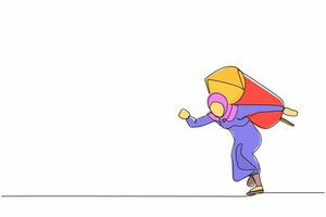 enda kontinuerlig linje teckning arab affärskvinna med raket på tillbaka stå på Start redo för företag lopp. skicklighet till lyft snabb företag till vinna konkurrens. ett linje dra design vektor illustration