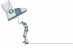Single einer Linie Zeichnung Roboter Stehen schwach unter enorm Stiefel Schuh, Sein gefeuert von Unternehmen. Zukunft Technologie Entwicklung. künstlich Intelligenz. kontinuierlich Linie Design Grafik Vektor Illustration