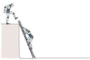 kontinuerlig ett linje teckning robot sparkar till göra rival faller ner från topp stege av Framgång. humanoid cybernetiska organism. framtida robot utveckling. enda linje dra design vektor illustration