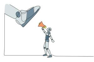 Single kontinuierlich Linie Zeichnung Roboter Sprechen mit Megaphon unter Riese Schuh. Stiefel von Heer Maschine Schritt auf Roboter. Roboter künstlich Intelligenz. einer Linie zeichnen Grafik Design Vektor Illustration