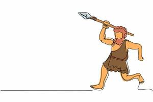 enda kontinuerlig linje teckning arg hungrig primitiv caveman jagar löpning jakt djur- med sten spjut. caveman av förhistorisk epok med vapen. ett linje dra grafisk design vektor illustration