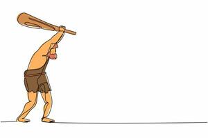 Höhlenmensch mit durchgehender Strichzeichnung und erhobenem Knüppel über dem Kopf. Höhlenmensch und Knüppel. prähistorischer Mensch und Club. alte Waffe aus der Steinzeit. eine linie zeichnen grafikdesign-vektorillustration vektor
