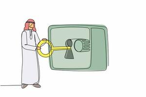 kontinuerlig ett linje teckning arab affärsman sätta stor nyckel in i säkerhet deposition låda. skydd av pengar, guld, värdepapper. besparingar och bank säkerhet. enda linje design vektor grafisk illustration