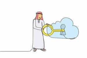 einzelne durchgehende strichzeichnung arabischer geschäftsmann, der großen schlüssel in die cloud setzt. Sicherheitsspeicher. Sicherheitsauthentifizierung für die Cloud-Passwortsperre. Internet technologie. eine Linie zeichnen Design-Vektor-Illustration vektor
