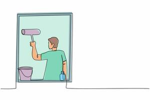 einzelne durchgehende Linienzeichnung Mann, der Fenster mit Glasreinigungswerkzeugen putzt. Fensterputzen mit Eimer, Waschmittel, nassem Lappen. Hausarbeit. Hausarbeit. einzeilige Grafikdesign-Vektorillustration vektor