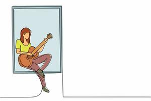 Eine einzige durchgehende Linie zeichnet eine junge Frau, die auf der Fensterbank sitzt und Akustikgitarre spielt. ausruhen, zu hause bleiben, melancholisch, entspannung, behaglichkeit, romantisch. eine Linie zeichnen Design-Vektor-Illustration vektor