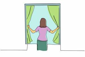 enda ett linje teckning tillbaka se av ung kvinna stående och öppning fönster gardiner. begrepp av person vakna upp i morgon- till skaffa sig färsk luft. kontinuerlig linje dra design grafisk vektor illustration