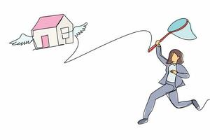 Single einer Linie Zeichnung Geschäftsfrau Versuchen zu Fang fliegend Haus mit Schmetterling Netz. gescheitert zu Zahlen Hypothek zu Bank. Preis erhöht sich, verlieren Haus. kontinuierlich Linie Design Grafik Vektor Illustration