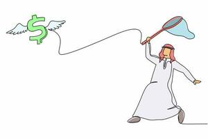 kontinuerlig ett linje teckning arab affärsman Prova till fångst flygande dollar tecken symbol med fjäril netto. inflation Betygsätta stiger skarpt. företag liknelse. enda linje dra design vektor illustration