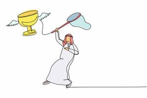 kontinuerlig ett linje teckning arab affärsman Prova till fångst flygande trofén med fjäril netto. misslyckades till vinna en företag projekt. företag liknelse. enda linje dra design vektor grafisk illustration