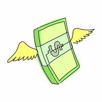 kontinuerlig ett linje teckning flygande pengar stack med vingar. bevingad dollar amerikan valuta räkningar förpackningar. ängel investering, sändning dollar sedlar. enda linje dra design vektor grafisk illustration
