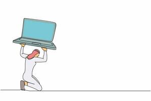 kontinuierlich einer Linie Zeichnung arabisch Geschäftsmann tragen schwer Laptop Computer auf seine zurück. erschöpft Arbeiter fällig zu Arbeit Druck, Ausbrennen beim Büro. Single Linie zeichnen Design Vektor Grafik Illustration
