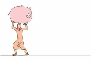 Single einer Linie Zeichnung arabisch Geschäftsfrau Tragen schwer Schweinchen Bank auf ihr zurück. Pleite oder finanziell Problem fällig zu Pandemie. suchen Geld im Krise. kontinuierlich Linie zeichnen Design Vektor Illustration