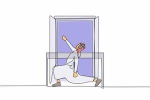 kontinuierlich einer Linie Zeichnung gesund arabisch Mann mit Kopfhörer Praktiken Methoden Ausübungen Yoga in der Nähe von Fenster oder Balkon. Sport Aktivität, trainieren, Übung, Fitness, drinnen. Single Linie zeichnen Design Vektor Illustration