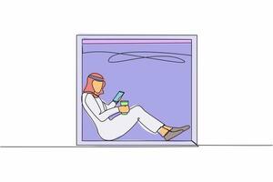 Single einer Linie Zeichnung jung arabisch Mann Sitzung auf Fensterbrett mit Smartphone und Kaffee, genießen sich ausruhen beim heim. komfortabel entspannen Zeit mit heiß trinken. kontinuierlich Linie zeichnen Design Vektor Illustration
