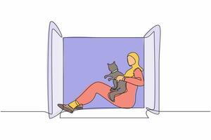 enda ett linje teckning ung arab kvinna Sammanträde på fönsterkarm och innehav katt. Lycklig flicka med henne sällskapsdjur, urban livsstil. vilar under pandemisk. kontinuerlig linje design grafisk vektor illustration