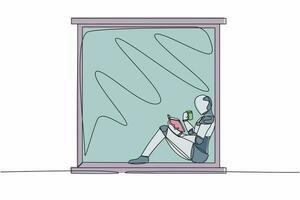kontinuierlich einer Linie Zeichnung Roboter auf Fensterbrett mit Tasse von heiß Kaffee oder Tee, lesen Buch. genießen ein Tag im Fenster. Humanoid Roboter kybernetisch Organismus. Single Linie zeichnen Design Vektor Illustration