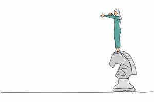 Single kontinuierlich Linie Zeichnung Visionär arabisch Geschäftsfrau auf oben von Pferd Schach Stück zeigen und mit Fernglas, suchen zum Erfolg, Geschäft Gelegenheit. einer Linie Design Vektor Illustration