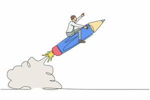 kontinuerlig ett linje teckning affärsman ridning penna raket flygande i de himmel. penna raket som utbildning, kreativitet, fantasi eller kreativ frihet. enda linje grafisk design vektor illustration